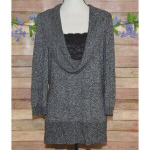 Alfani Ladies Dark Gray 3/4 Sleeve Black Lace Cowl Neckline Sweater Size XL